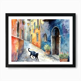 Black Cat In Udine, Italy, Street Art Watercolour Painting 4 Art Print