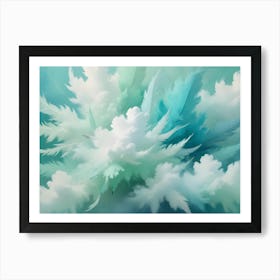 Abstract Image Of A Collection Of White Feathers Floating In A Sea Of Green And White Clouds Art Print