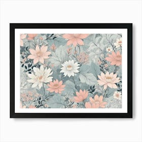 A Seamless Pattern Of Stylized Flowers In Shades Of Pink, White, And Green On A Light Blue Background Art Print