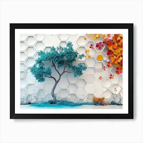 Vibrant Turquoise Tree And Colorful Hexagons Create A Striking Effect Against White Lattice And Floral 2 Art Print