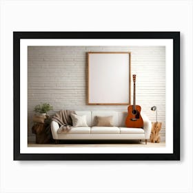 Acoustic Guitar and blank frame in living room Art Print