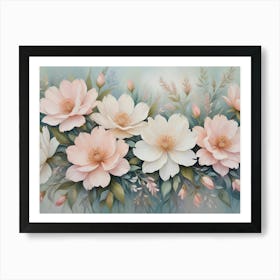 A Bouquet Of Delicate Pink And White Flowers With Lush Green Leaves, Painted In A Realistic Style Art Print