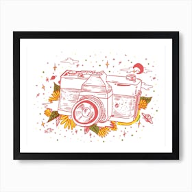 Camera And Flowers Art Print