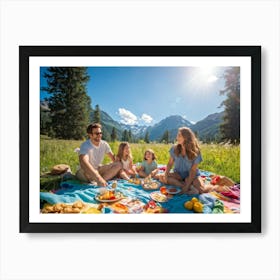 Family Of Four Smiling Lounging On A Colorful Picnic Blanket In A Sunlit Meadow Mountains In The 2 1 Póster