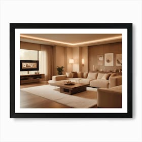 A Modern Living Room Interior Featuring Beige Walls And Furniture, With Large Windows And Warm Lighting 1 Art Print