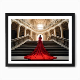 Woman In A Red Dress. Stairway Seduction: A Woman's Stride in Red. Red Dress Rendezvous: A Woman's Staircase Stride. Elegance Art Print