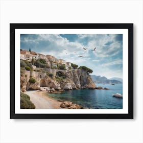 Oil Painting of Mediterranean Village on The Coast Art Print