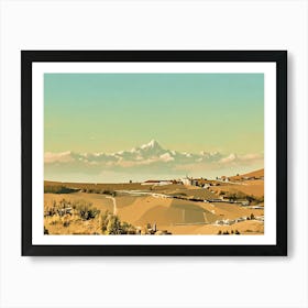 Mountain View Over Langhe Landscape. A serene view of Langhe, Italy, with rolling hills and charming villages in the foreground, set against the stunning backdrop of the snow-capped Alps under a soft, pastel sky. This scene captures the peaceful beauty of the Langhe region, highlighting its harmonious blend of agriculture, historical architecture, and natural grandeur. Art Print