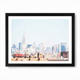 New York, USA I Retro vintage Manhattan skyline to industrial cityscape brick architecture and orange red aesthetic photography with the silhouette of skyscrapers like Rockefeller from the brooklyn bridge Art Print