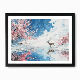 Deer Under Sakura Art Print