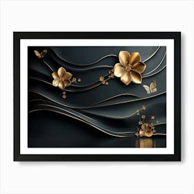 3d Abstract Black Background With Golden Flowers Lines And Butterfly 1 Affiche