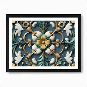 Seamless Relief Sculptureation Retro Pattern Round Cross Frame Chain Flower Art Print