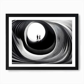 Man and Woman in abstract circles, black and white art Art Print