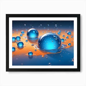 Abstract Image Of Blue Water Droplets, Some In The Form Of Orbs, On A Orange And Blue Background Art Print