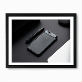 Black Leather Phone Case Modern And Sleek Resting On A Minimalist Workspace Featuring A Matte Gray 1 Art Print