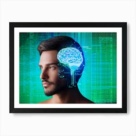 Abstract Portrait Of A Cyborg Man With A Human Profile Merging Into A Cubic Brain Showcasing The Co Art Print