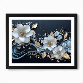 3D White Flowers on a Black Background Art Print