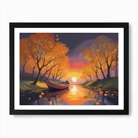 Sunset Boat On The River Art Print