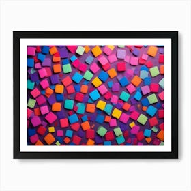 Abstract, Colorful Pattern Of Square Shapes In Various Colors Scattered Across A Purple Background, Creating A Playful And Vibrant Visual Effect Art Print