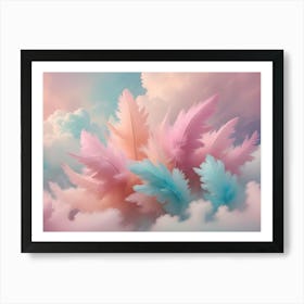 A Whimsical Scene Of Pink And Blue Feathers Emerging From A Fluffy, Pastel Cloud Formation, Creating A Dreamy And Ethereal Atmosphere Art Print