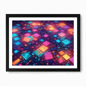 Abstract 3d Rendering Of Glowing, Colorful Squares Scattered On A Dark Surface, With Broken Fragments Adding A Sense Of Chaos And Texture Art Print