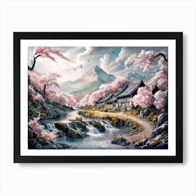 Mountain River and Cherry Blossom Art Painting #2 Art Print