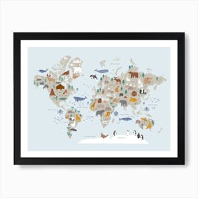 Kids World Map With Animals In Blue Art Print