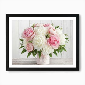 A Bouquet Of Pastel Pink And Pristine White Peonies With Hints Of Red Arranged Densely In A Natural (3) Art Print