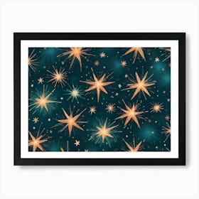 A Seamless Pattern Of Golden Stars With Teal Accents On A Dark Green Background, Creating A Starry Night Effect 1 Art Print