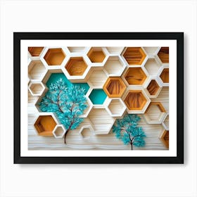 White Lattice And Turquoise Elements Combine With Dynamic Hexagons In An Oak Wood 1 Art Print