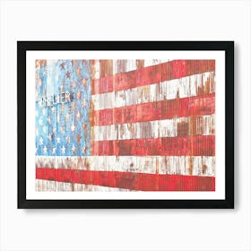 New York, USA I American flag wall in rusted metal for US street art culture in Brooklyn and arty Williamsburg shelter with minimalist geometric lines and blue white red stars of the United States Art Print
