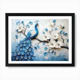 Peacock Painting. 3d blue peacock with flowers Art Print