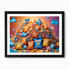 A Pile Of Doritos Chip Bags In Various Colors And Flavors, With Some Bags Flying In The Air Art Print