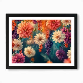 Artistic and Bright 3d Illustration Background of Hanging Flower Branches with Vivid Colors Art Print