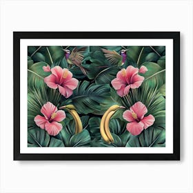 Tropical Background With Exotic Flowers, Birds, Banana Leaves, Palm, Protea, Hibiscus, Hummingbirds 2 Art Print