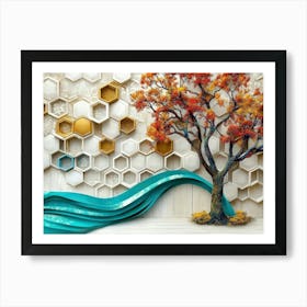 Golden Hexagons and White Lattice Tiles on Oak with A Turquoise Tree Amidst Colorful Art Print