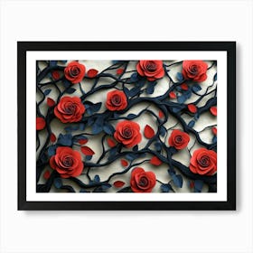 3d Texture Of Branches With Red Roses And Leaves, Illustration Background Art Print