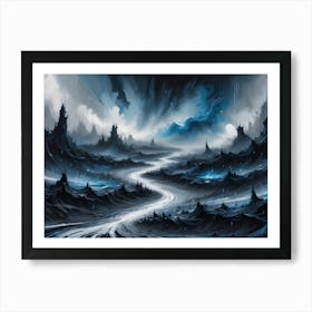 A Surreal Landscape Featuring A Winding River Flowing Through Dark, Jagged Mountains With A Stormy Sky Overhead Art Print