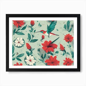 Hummingbird And Flowers VECTOR ART Art Print