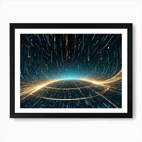 A Futuristic Digital Landscape With Glowing Blue And Gold Lines, Data Streams, And A Bright Circle In The Distance Art Print