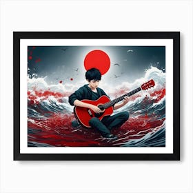 Boy Playing Guitar In The Ocean Art Print