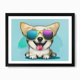 Puppy dog smiling at the camera. Blue background. Art Print