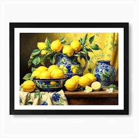 Lemons In Blue Jugs Art Print