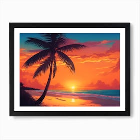 A Tranquil Beach At Sunset Horizontal Illustration 4 Art Print