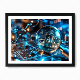 A Magnifying Glass Sits Atop A Circuit Board, Revealing An Eye And The Word Ai In Its Reflection Art Print