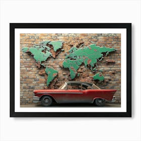 Eye Catching 3d Art Displaying a Green World Map Design, Breaking Out of a Brick Wall Art Print