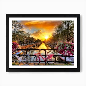 Sunset In Amsterdam Landscape Bicycles Nature Trees Afternoon River Art Print