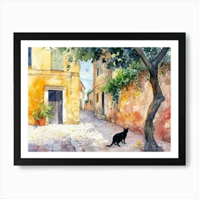 Brindisi   Black Cat In Street Art Watercolour Painting 3 Art Print