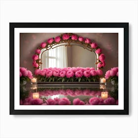 A Still Life Photograph Of Pink Peonies Arranged Around A Vintage Mirror With Candles On A Vanity Table Art Print