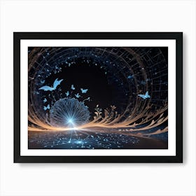 Abstract Art With A Glowing, Blue Flower Like Shape Surrounded By Butterflies And Music Notes, Symbolizing Beauty, Nature, And Harmony Art Print